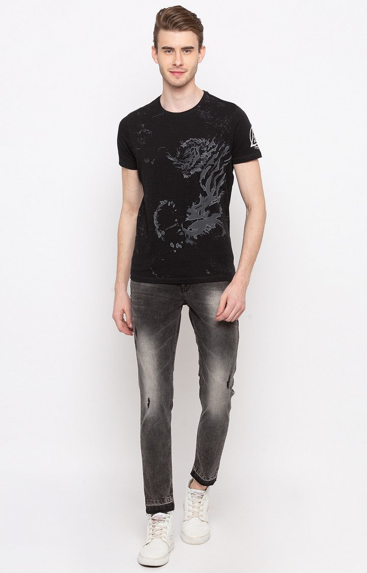 Spykar Black Printed Slim Fit Men T-Shirts