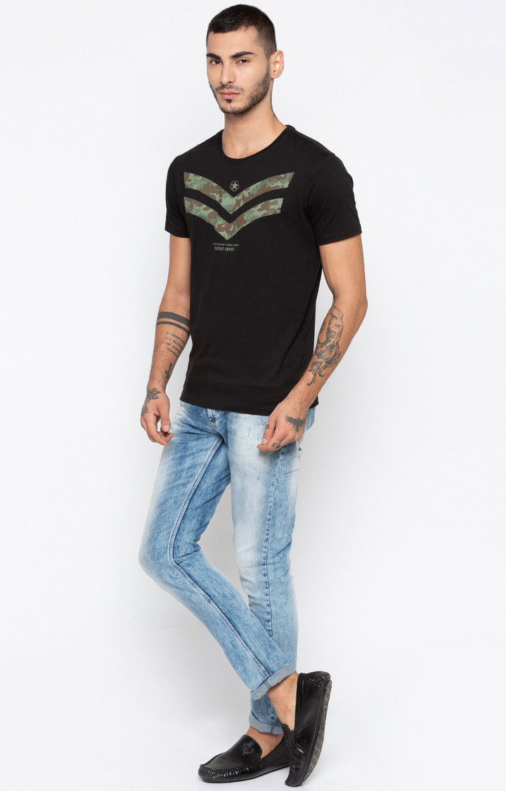 Spykar Black Printed Slim Fit Men T-Shirts