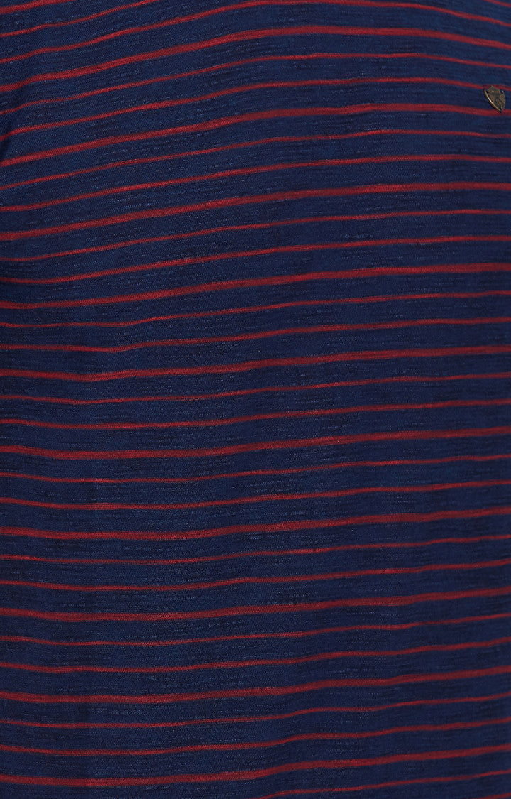 Spykar Blue and Red Striped Slim Fit Men T-Shirts