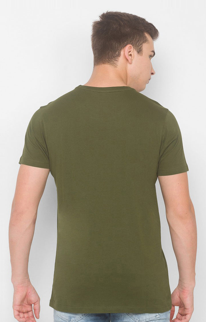 Charlie Chaplin Spykar Men Olive Green Cotton Slim Fit Round Neck Printed T-Shirt