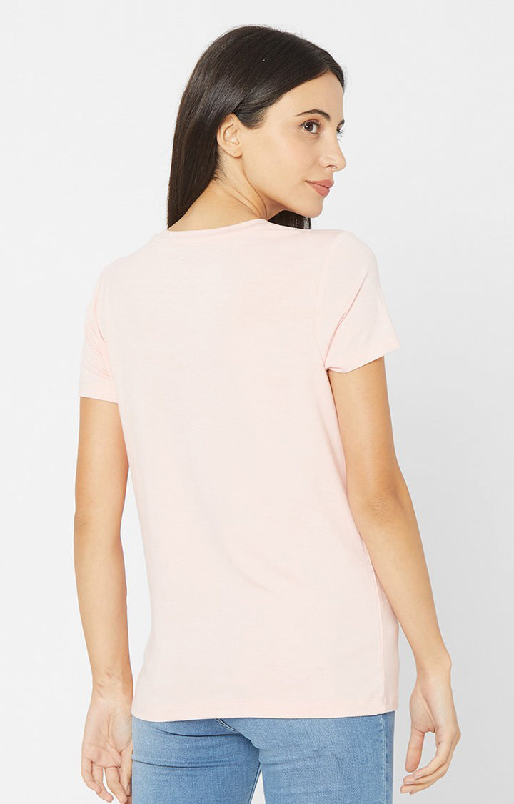 Spykar Women Pink Cotton Regular Round Neck T-Shirts