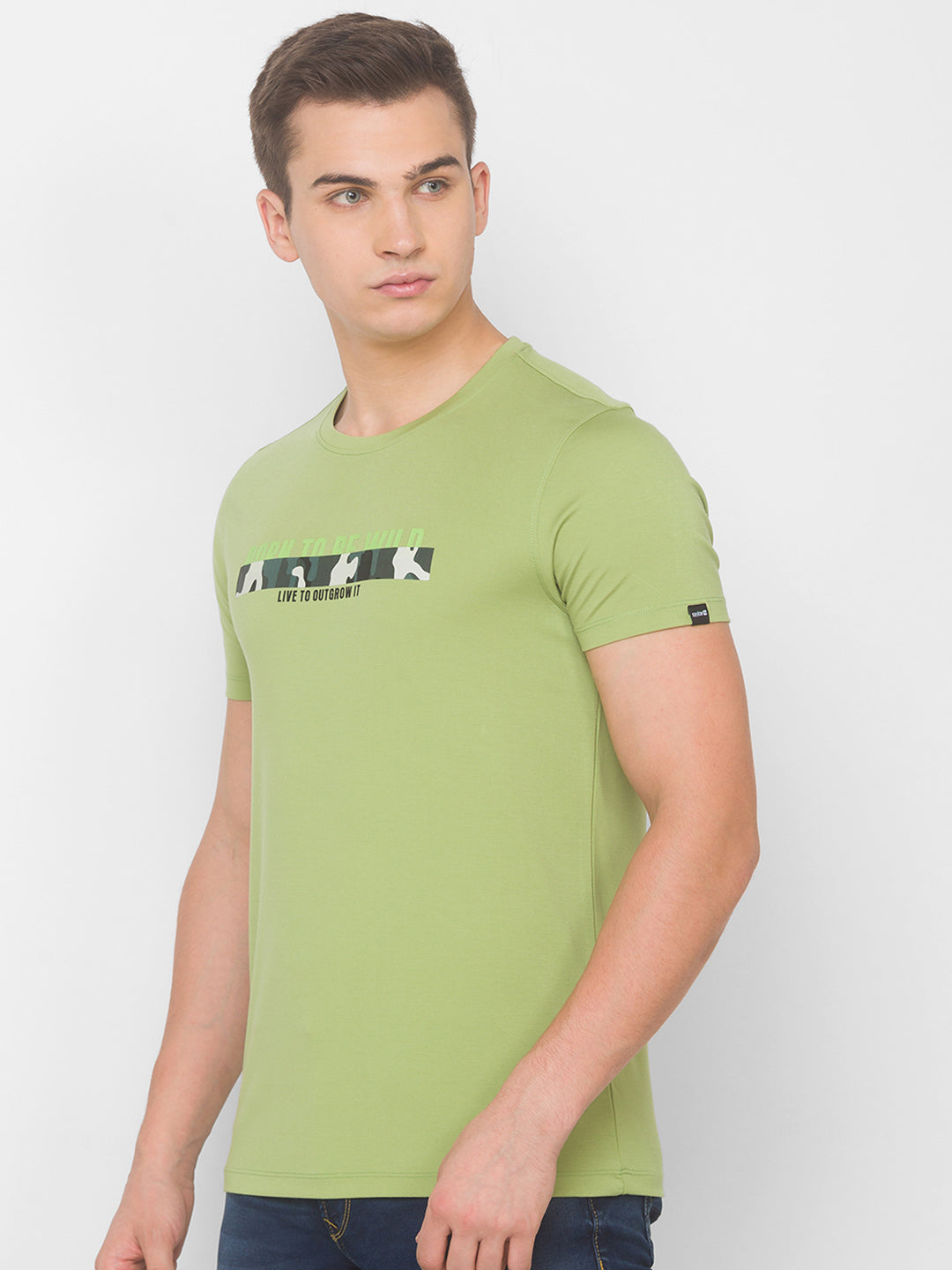 Spykar Men Green Cotton Slim Fit Round Neck T-Shirt