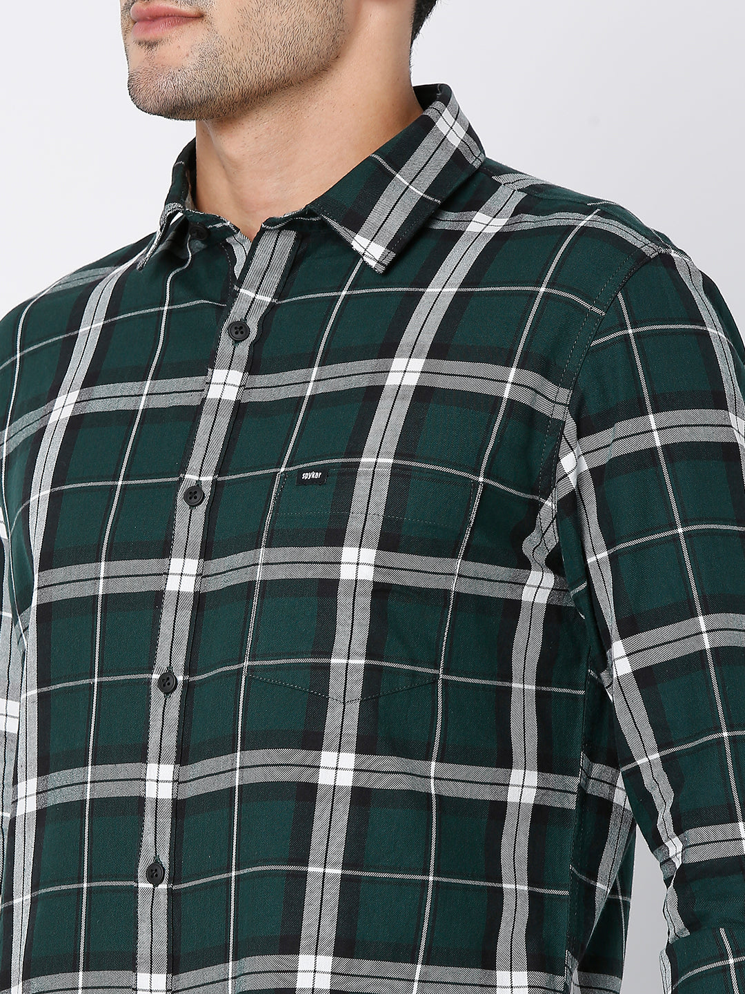 Spykar Men Bottle Green Cotton Slim Fit Checkered Shirt