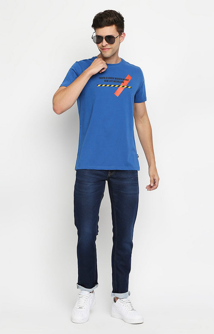 Spykar Men Blue Cotton Slim Fit Round Neck T-Shirt