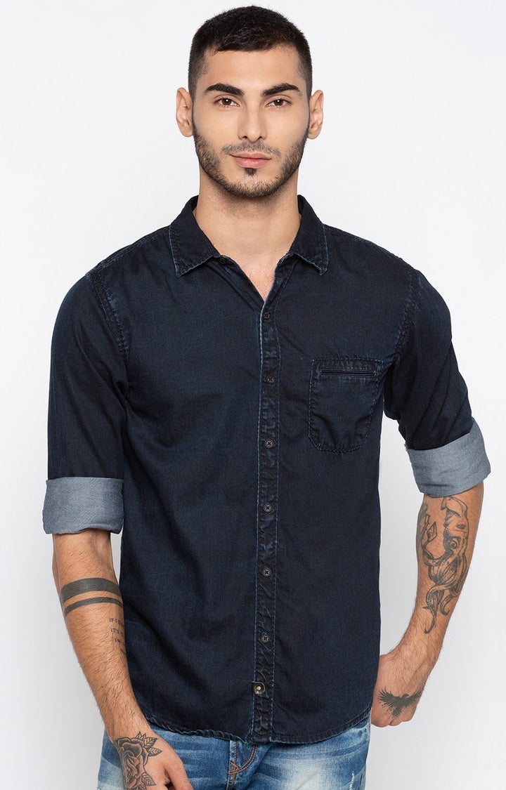 Spykar Blue Cotton Slim Fit Shirts For Men