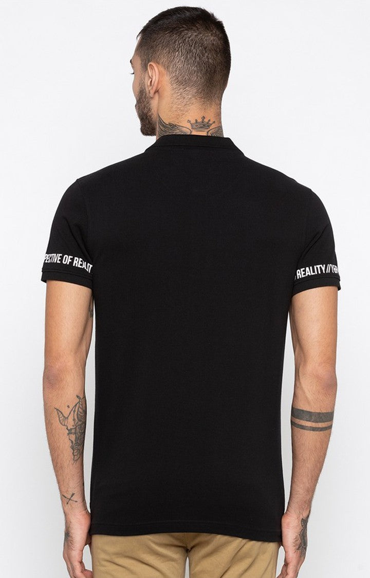 Spykar Black Printed Slim Fit Polo T-Shirt