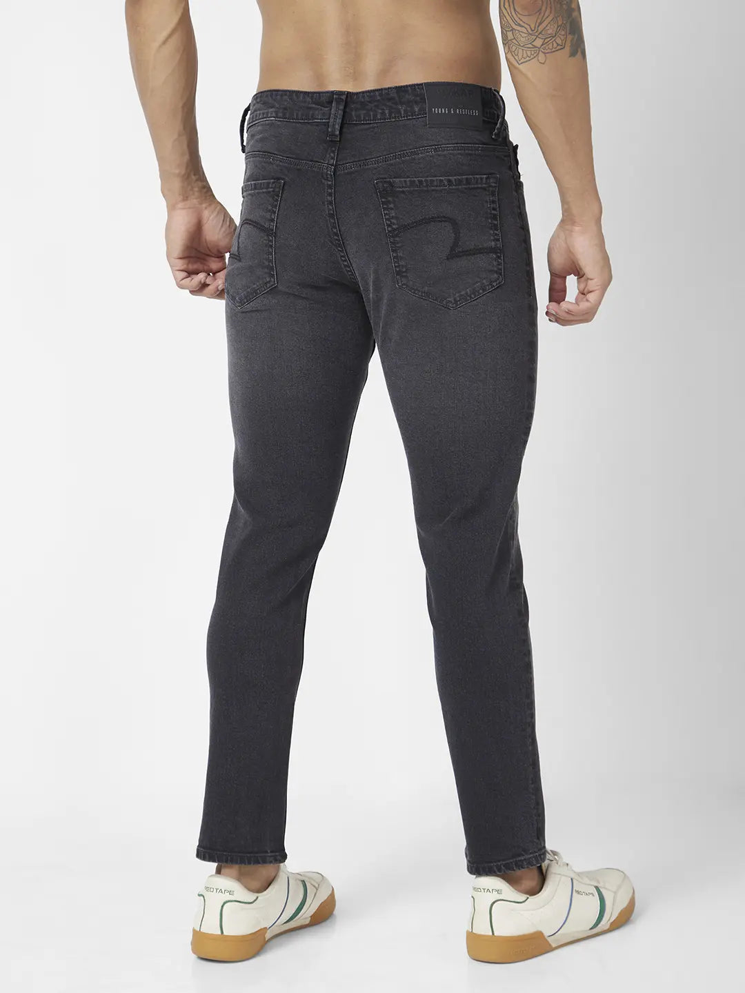 Spykar Men Carbon Black Cotton Stretch Super Slim Fit Tapered Length Clean Look Low Rise Jeans (Super Skinny)