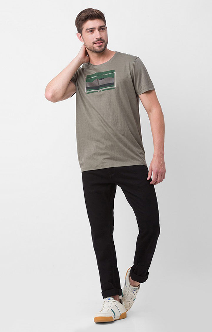 Spykar Smoke Olive Cotton Half Sleeve Printed Casual T-shirt For Men