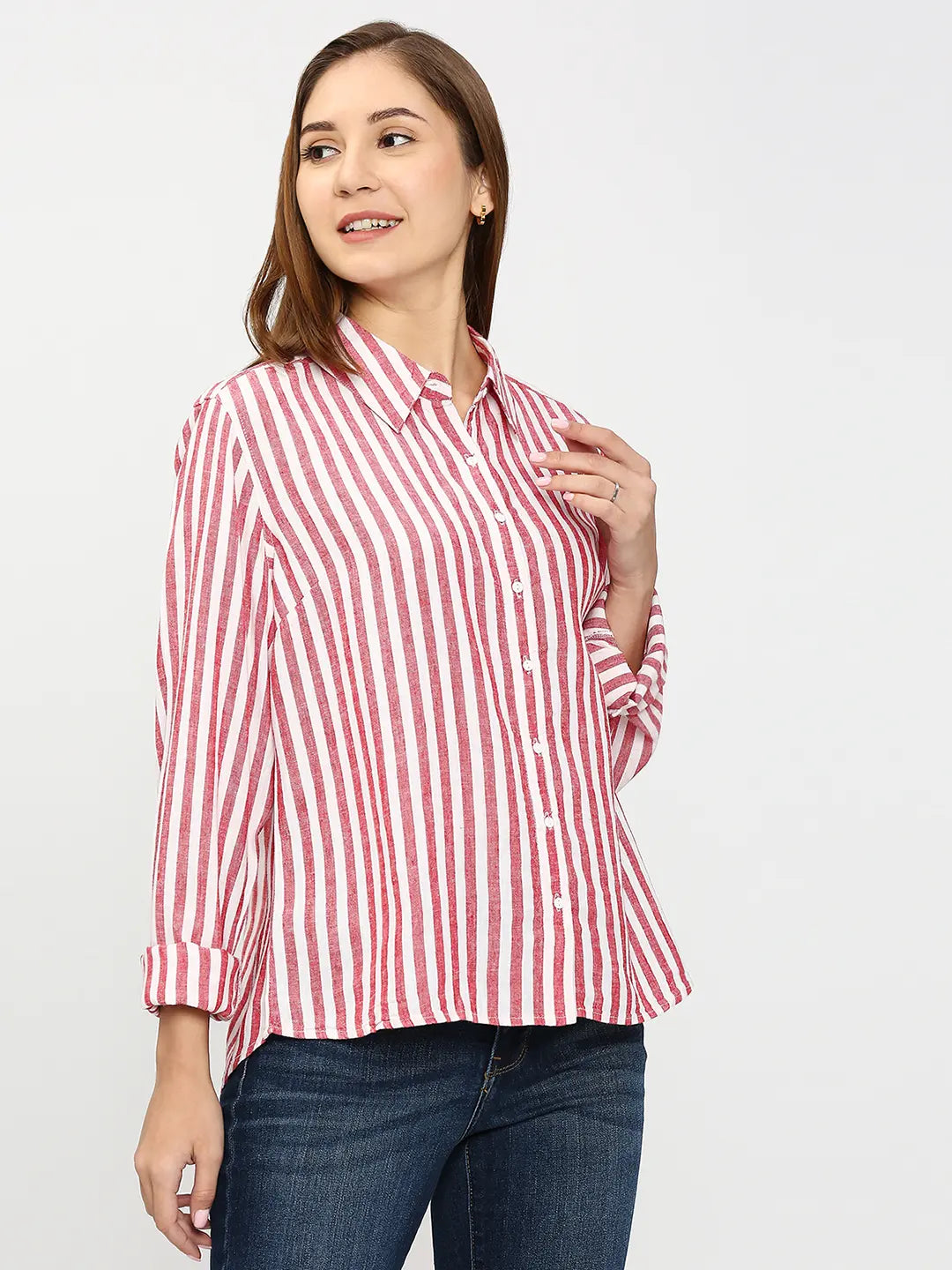 Spykar Women Red Cotton Regular Fit Striped Shirts