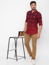 Spykar Deep Red Cotton Full Sleeve Checks Shirt For Men