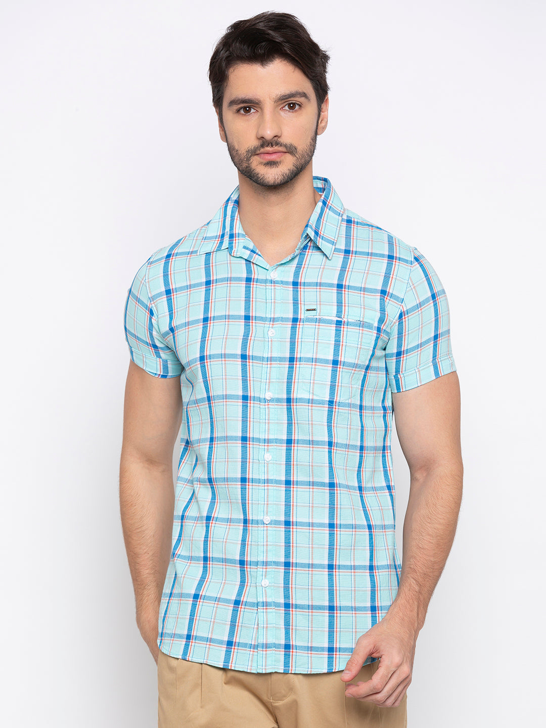 Spykar Men Aqua Checked Slim Fit Casual Shirt