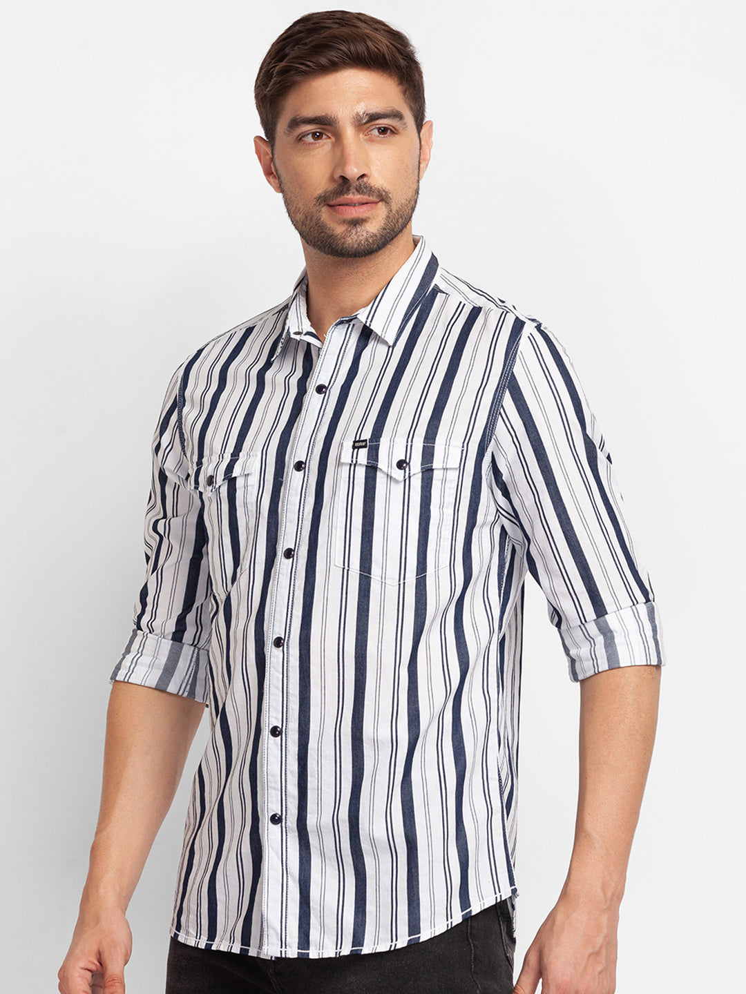 Spykar White Cotton Full Sleeve Stripes Shirt For Men