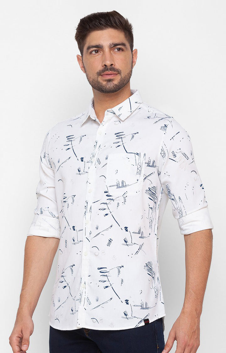 Spykar White Cotton Full Sleeve Printed Shirt For Men