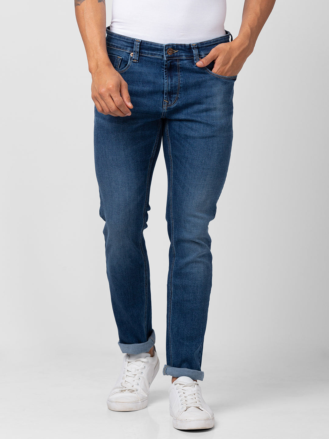 Spykar Men Dark Blue Cotton Stretch Regular Fit Narrow Length Jeans (Rover)