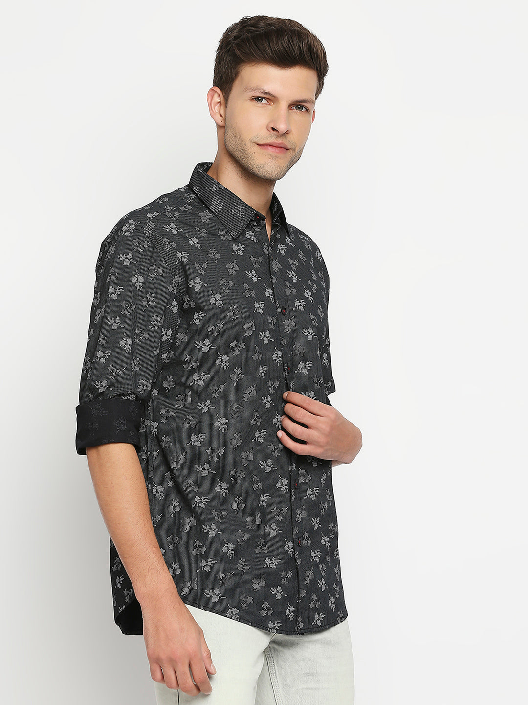 Spykar Men Grey Slim Fit Full Sleeve Floral Print Shirt