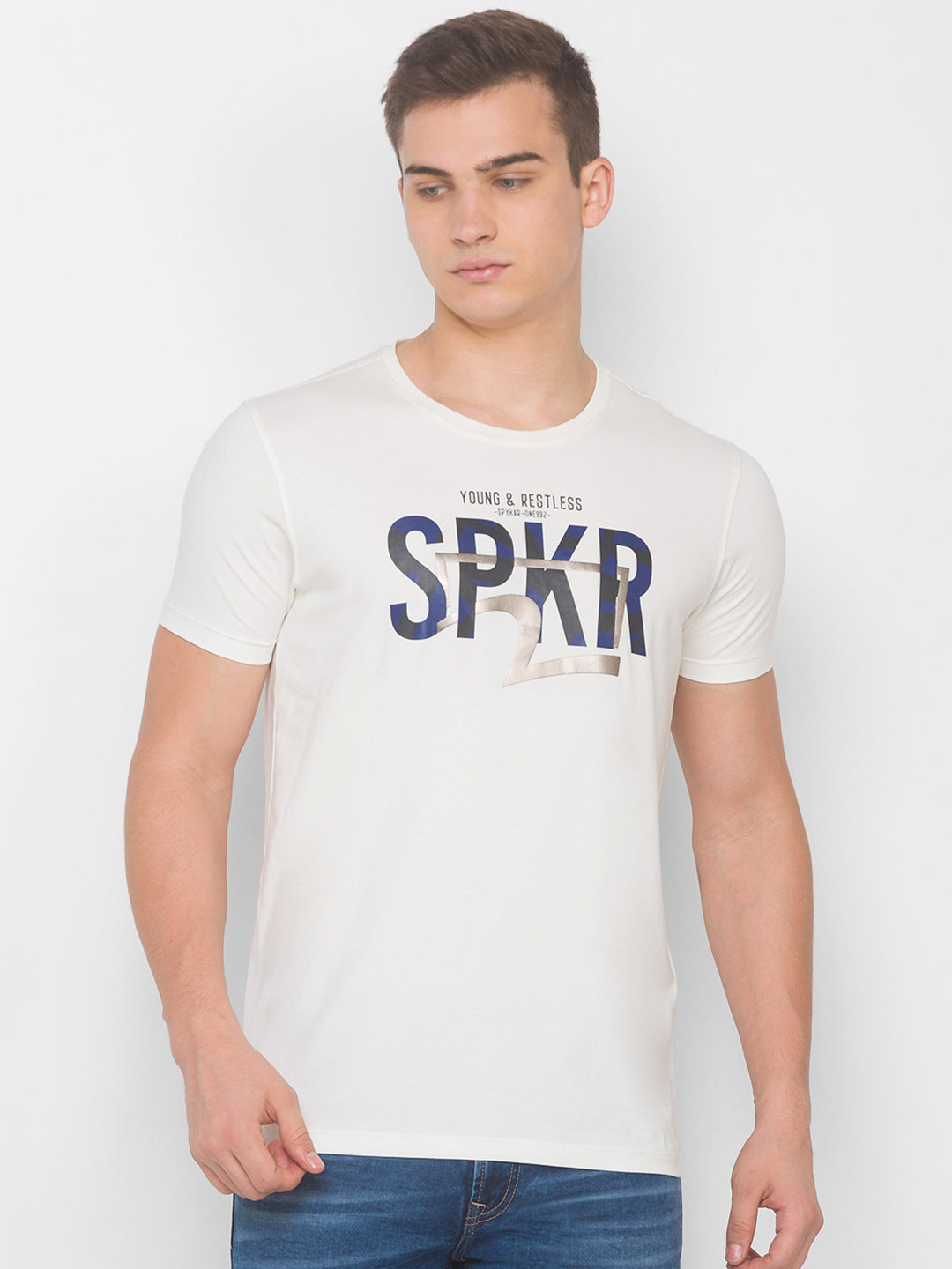 Spykar Men Beige Cotton Slim Fit Round Neck T-Shirt