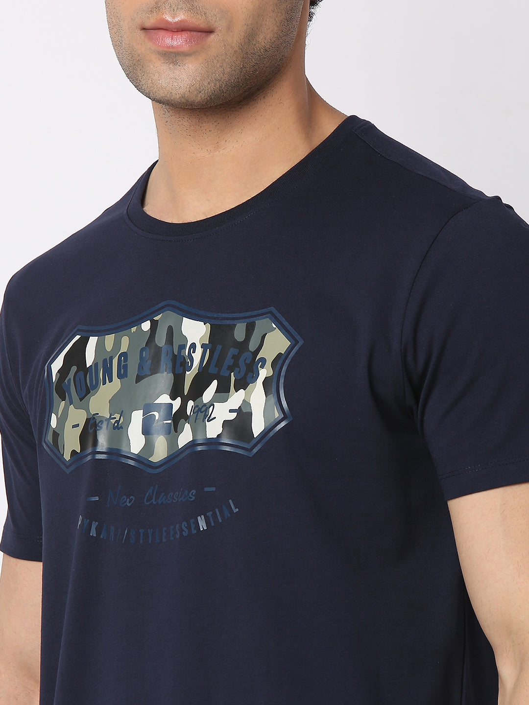 Spykar Men Navy Blue Cotton Slim Fit Round Neck Printed T-Shirt