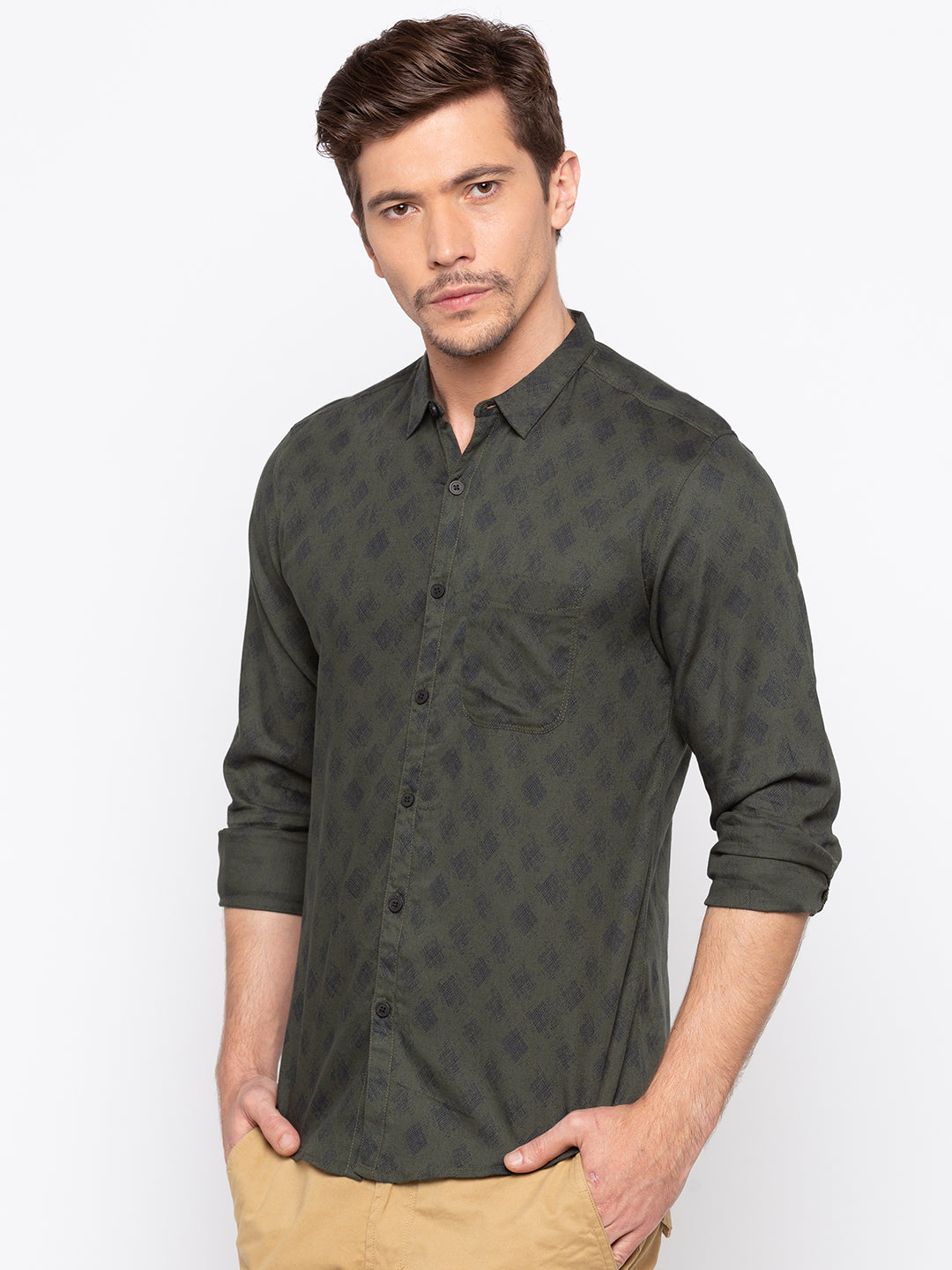 Spykar Men Olive Printed Slim Fit Casual Shirt