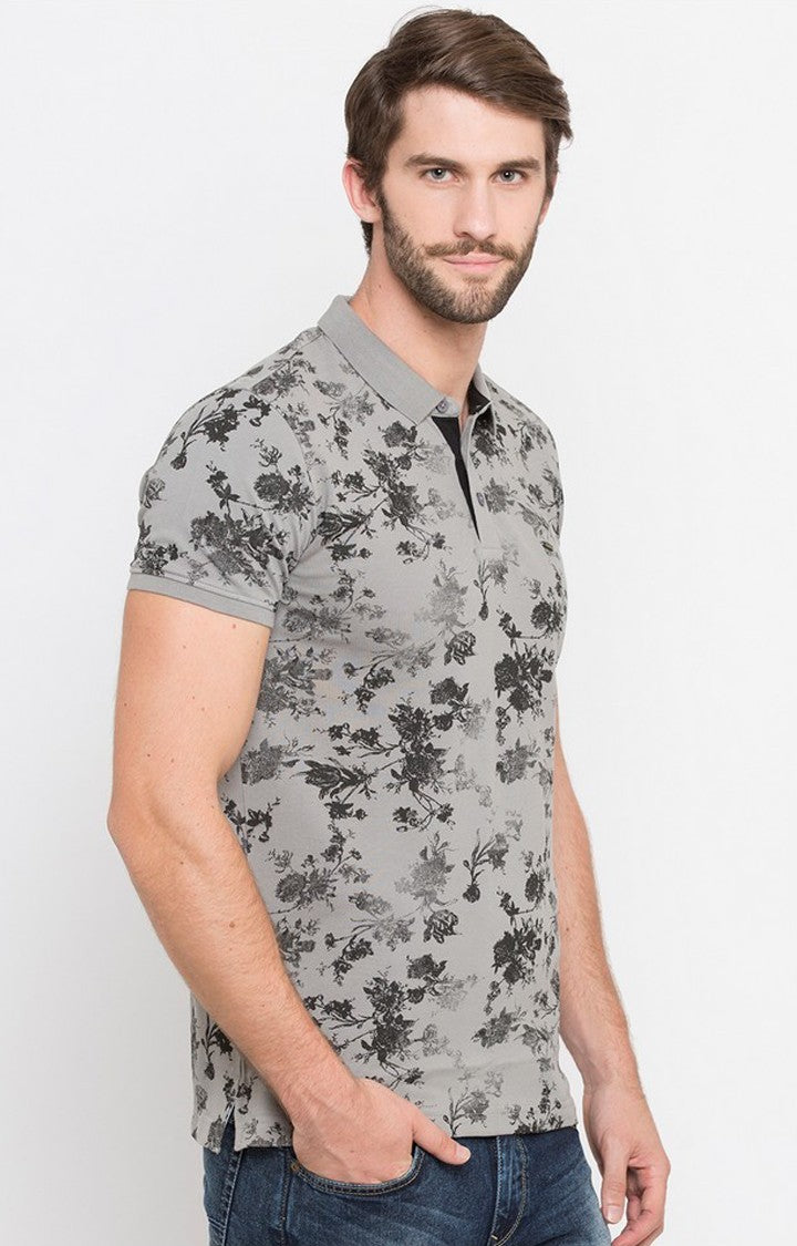 Spykar Grey Printed Slim Fit Polo T-Shirt