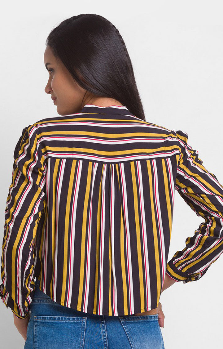 Spykar Mustard Multi Stripe Cotton Full Sleeve Striped Shirts For Women