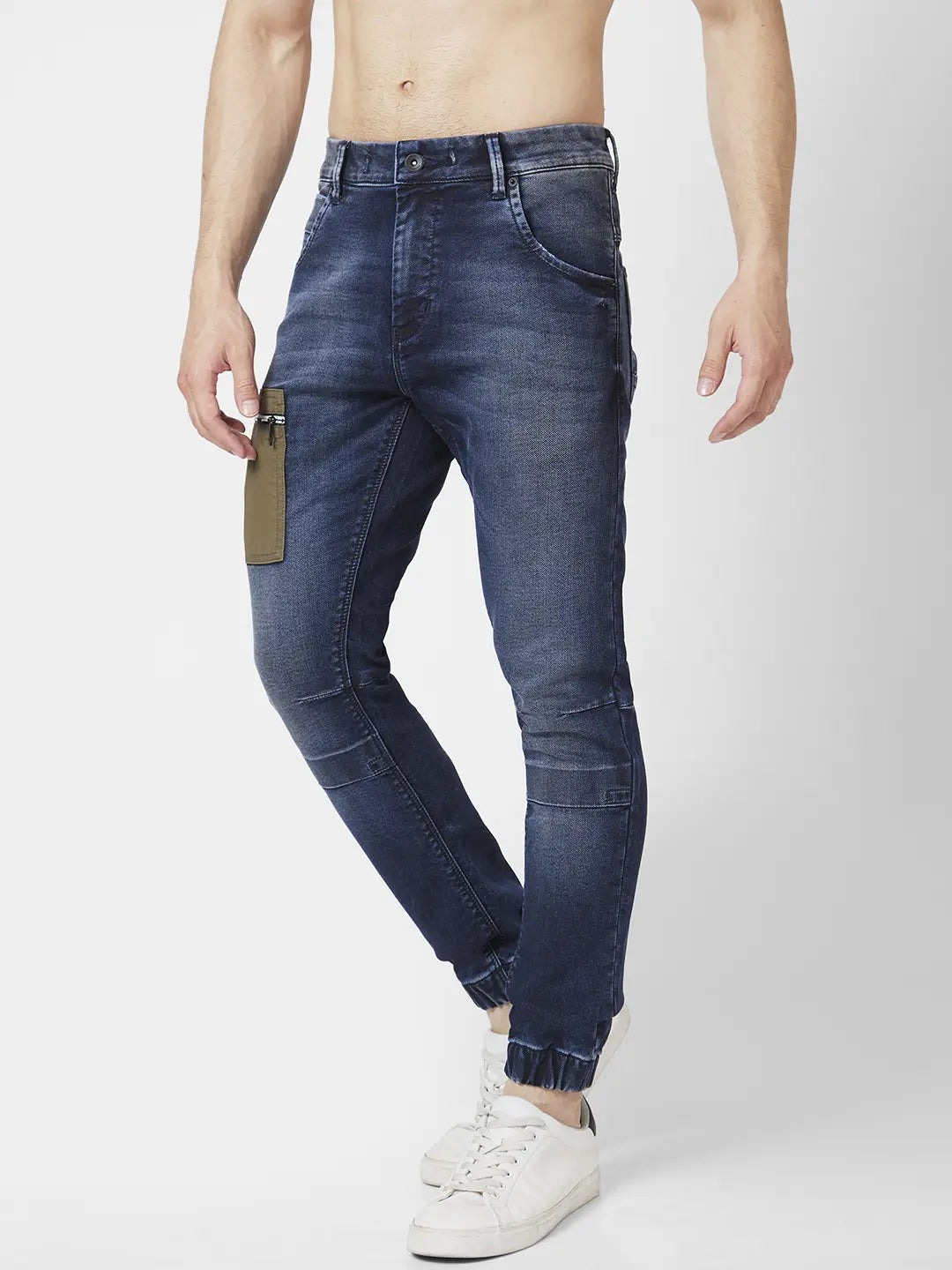 Spykar Men Dark Blue Cotton Regular Fit Tapered Length Clean Look High Rise Jeans (Jogger)