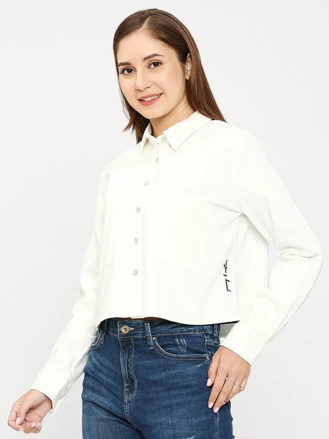 Spykar Women Off White Cotton Slim Fit Plain Crop Shirts