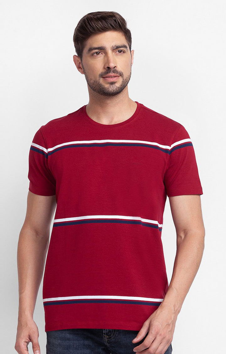 Spykar Deep Red Cotton Half Sleeve Stripes Casual T-Shirt For Men