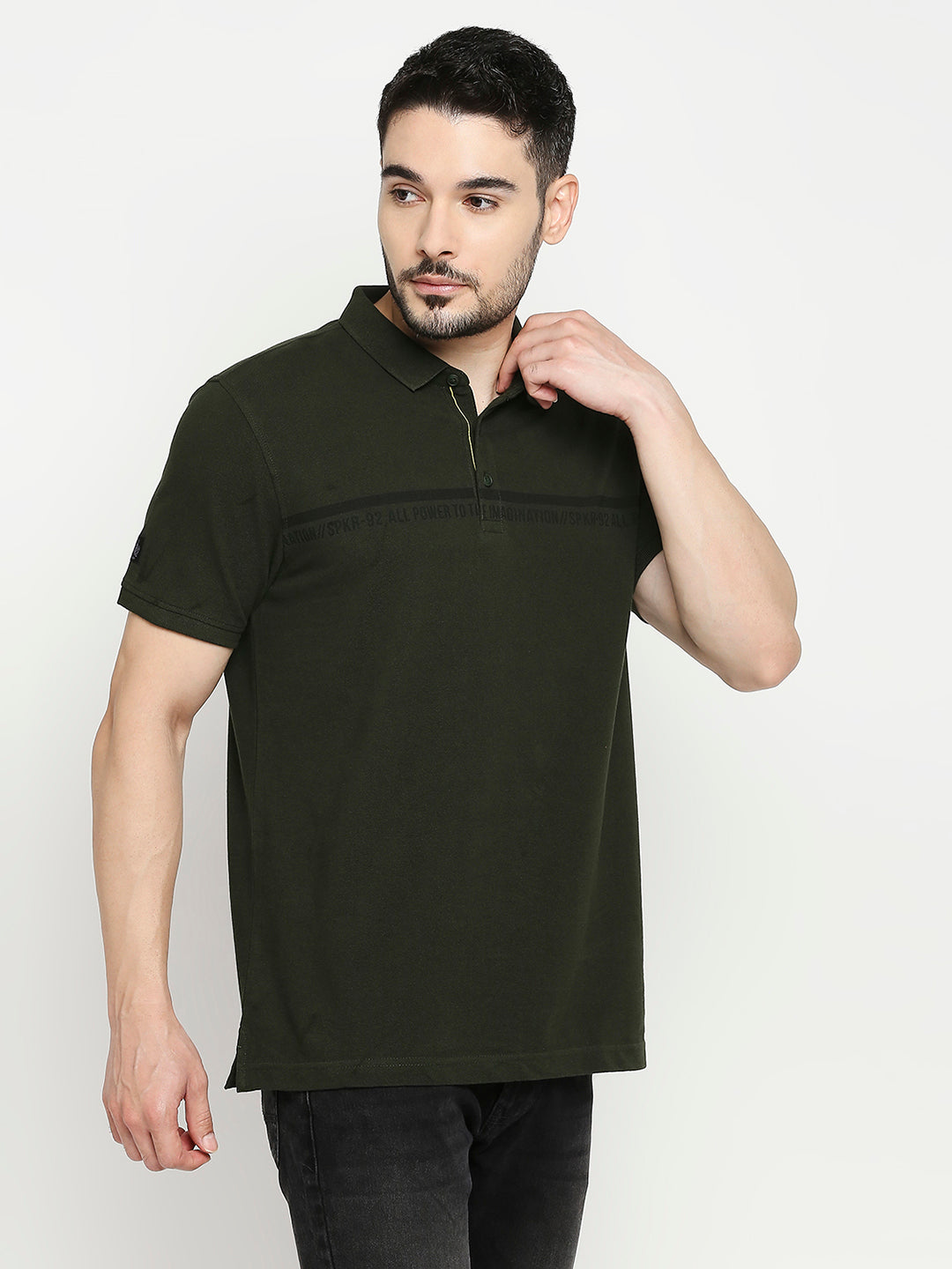 Spykar Bottle Green Cotton Half Sleeve Printed Casual Polo T-Shirts For Men