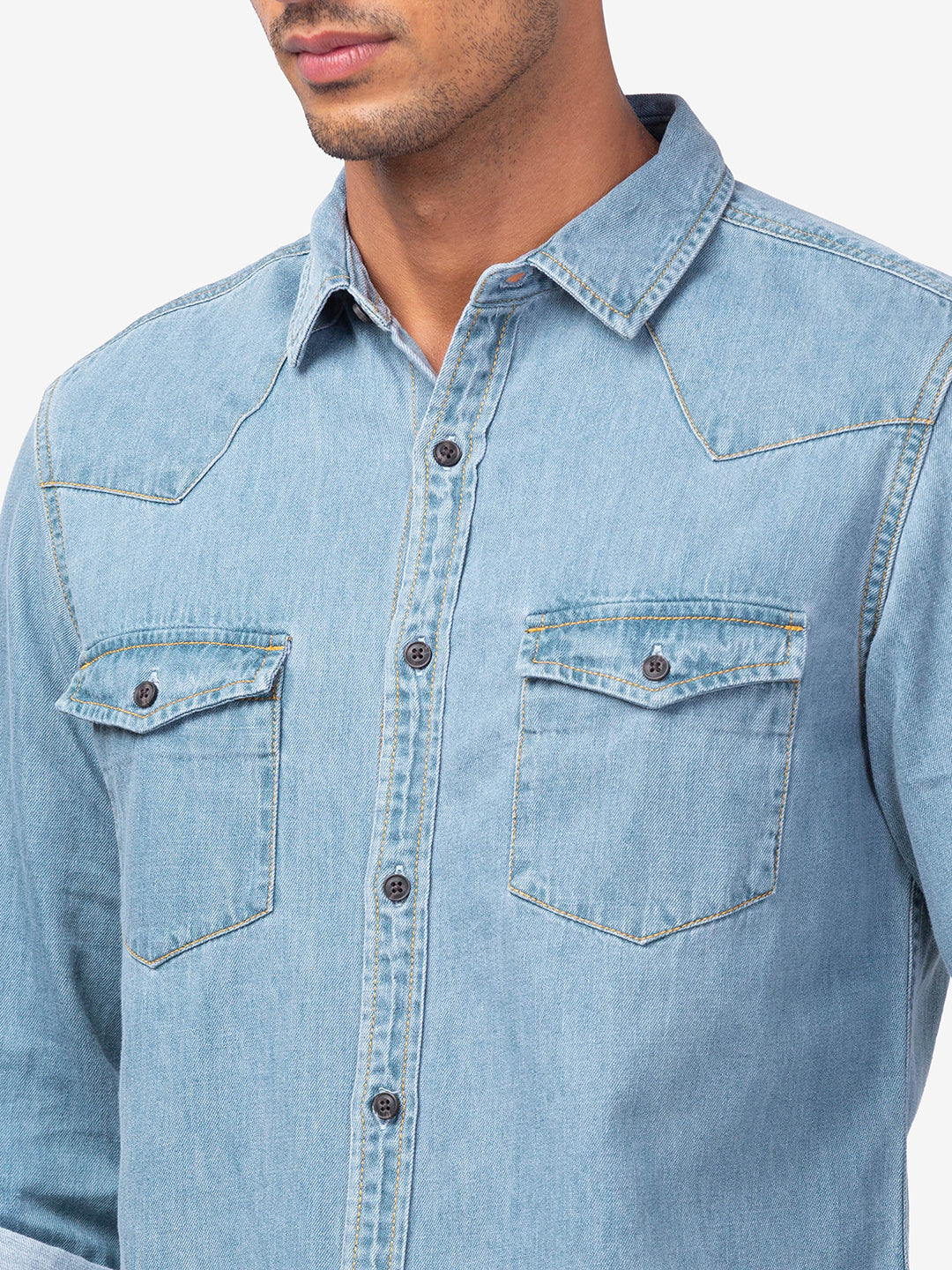 Spykar Men Light Blue Cotton Slim Fit Denim Shirts