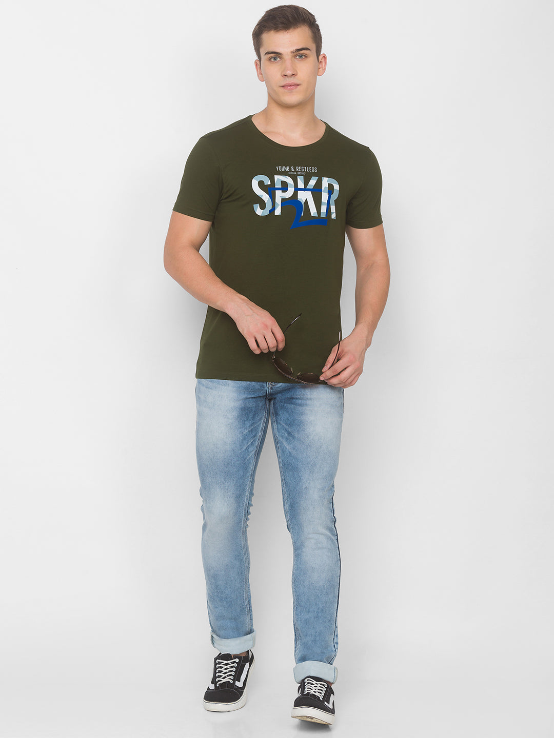 Spykar Men Green Cotton Slim Fit Round Neck T-Shirt