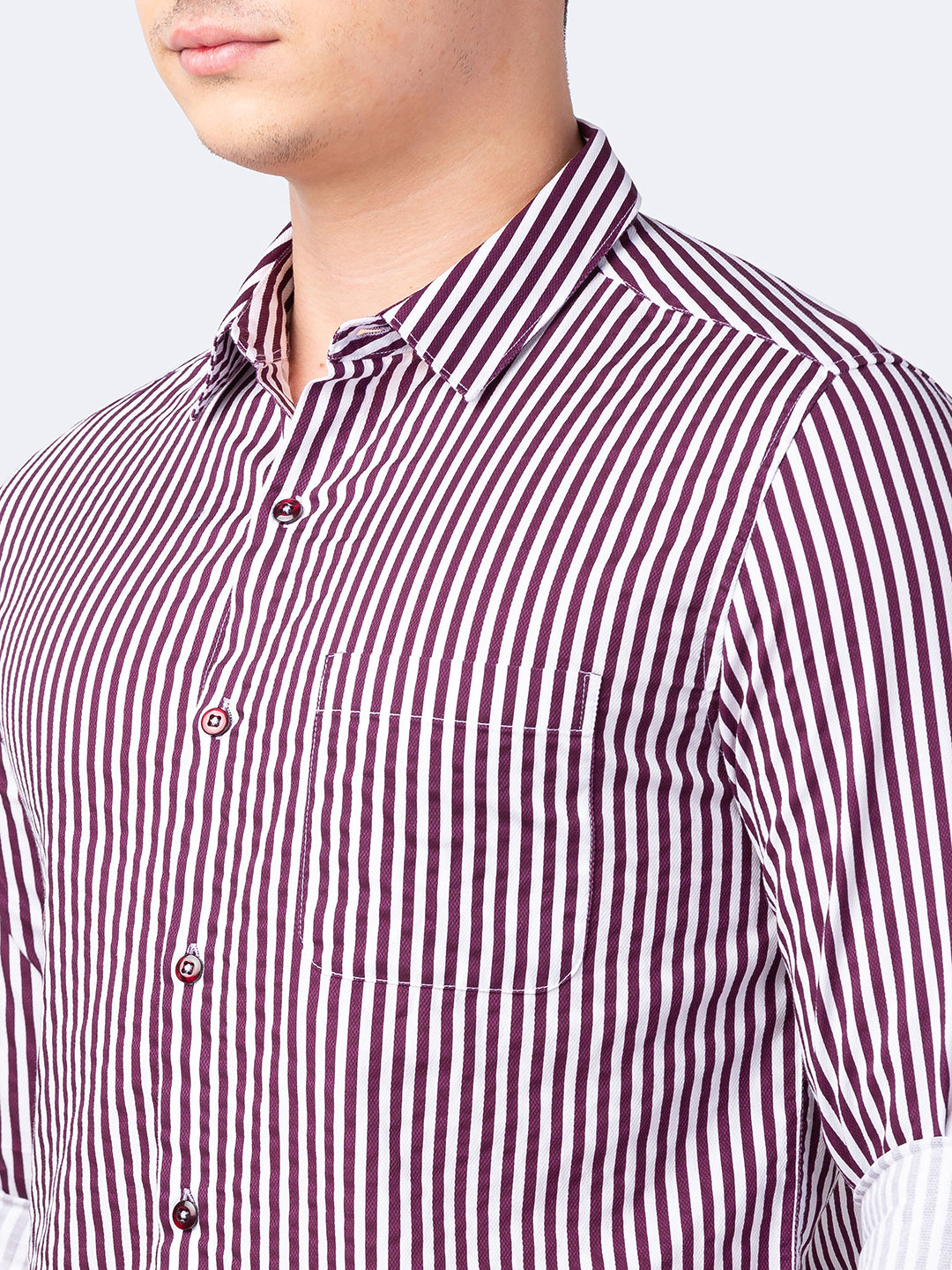 Spykar Men Wine Red Cotton Slim Fit Striped Shirt