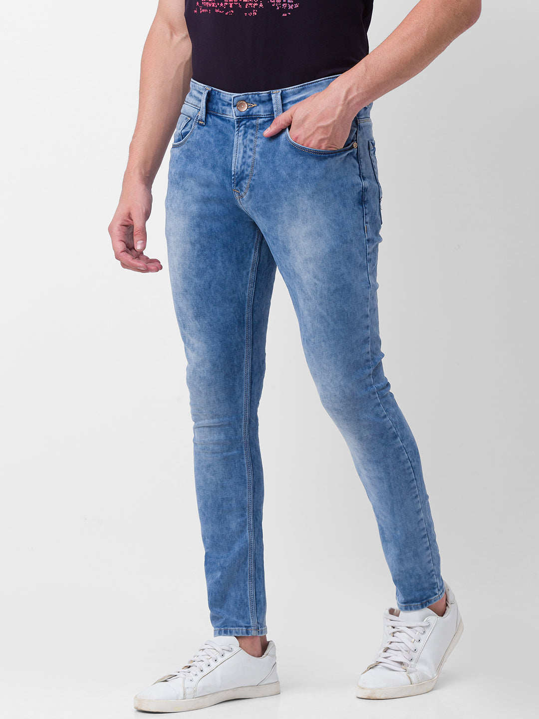 Spykar Light Blue Cotton Slim Fit Tapered Length Jeans For Men (Kano)