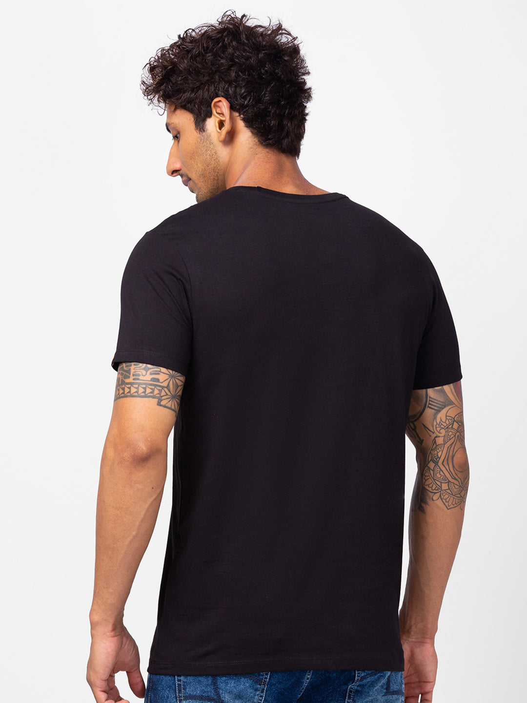 Spykar Men Black Cotton Slim Fit Round Neck Printed T-Shirt