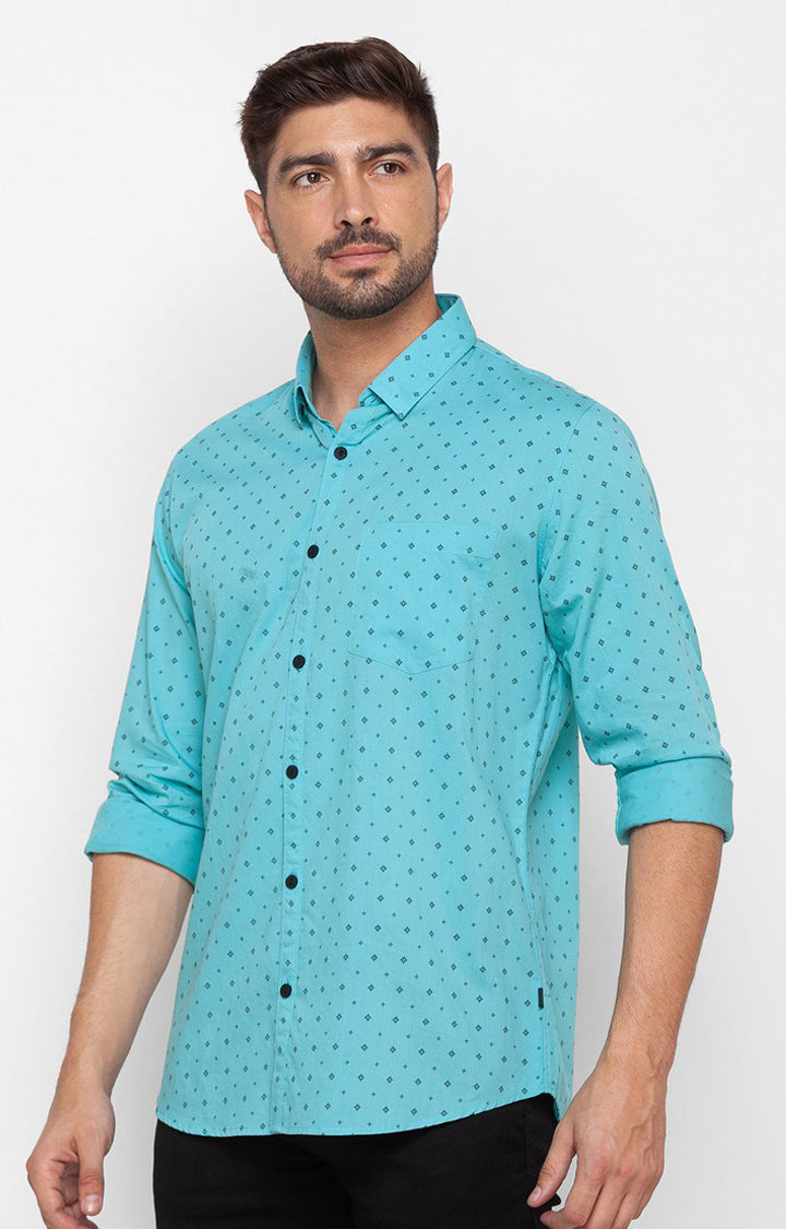 Spykar Cool Blue Cotton Full Sleeve Printed Shirt For Men