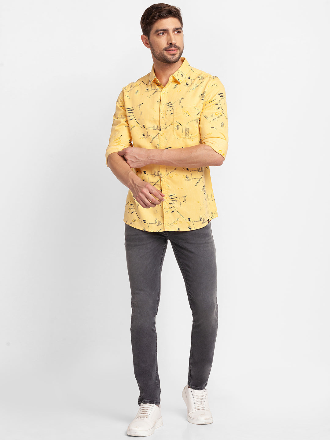 Spykar Chrome Yellow Cotton Full Sleeve Printed Shirt For Men