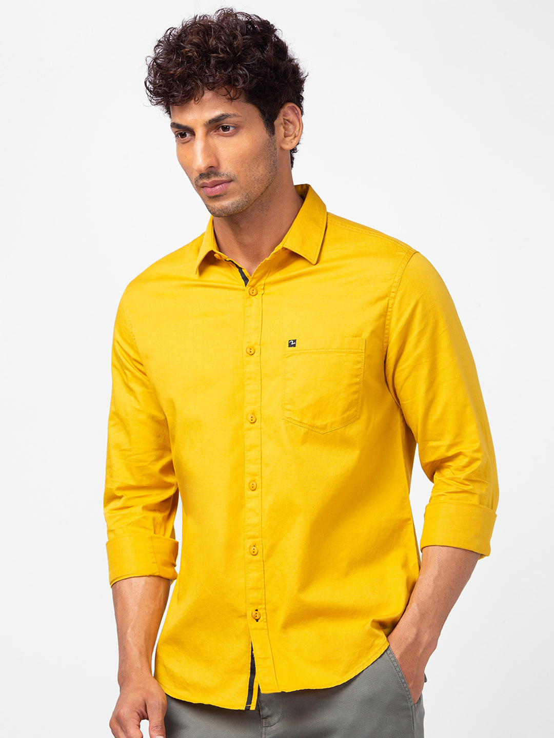 Spykar Men Mustard Yellow Cotton Slim Fit Plain Shirts