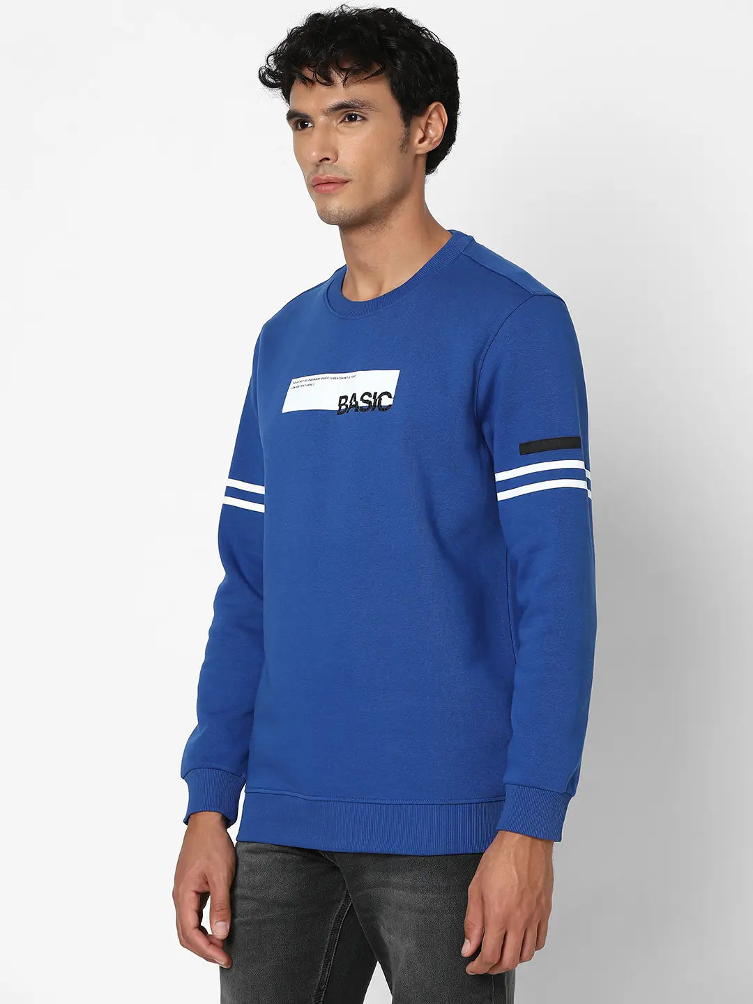 Spykar Men Electric Blue Blended Slim Fit Full Sleeve Round Neck Printed Casual Sweatshirt