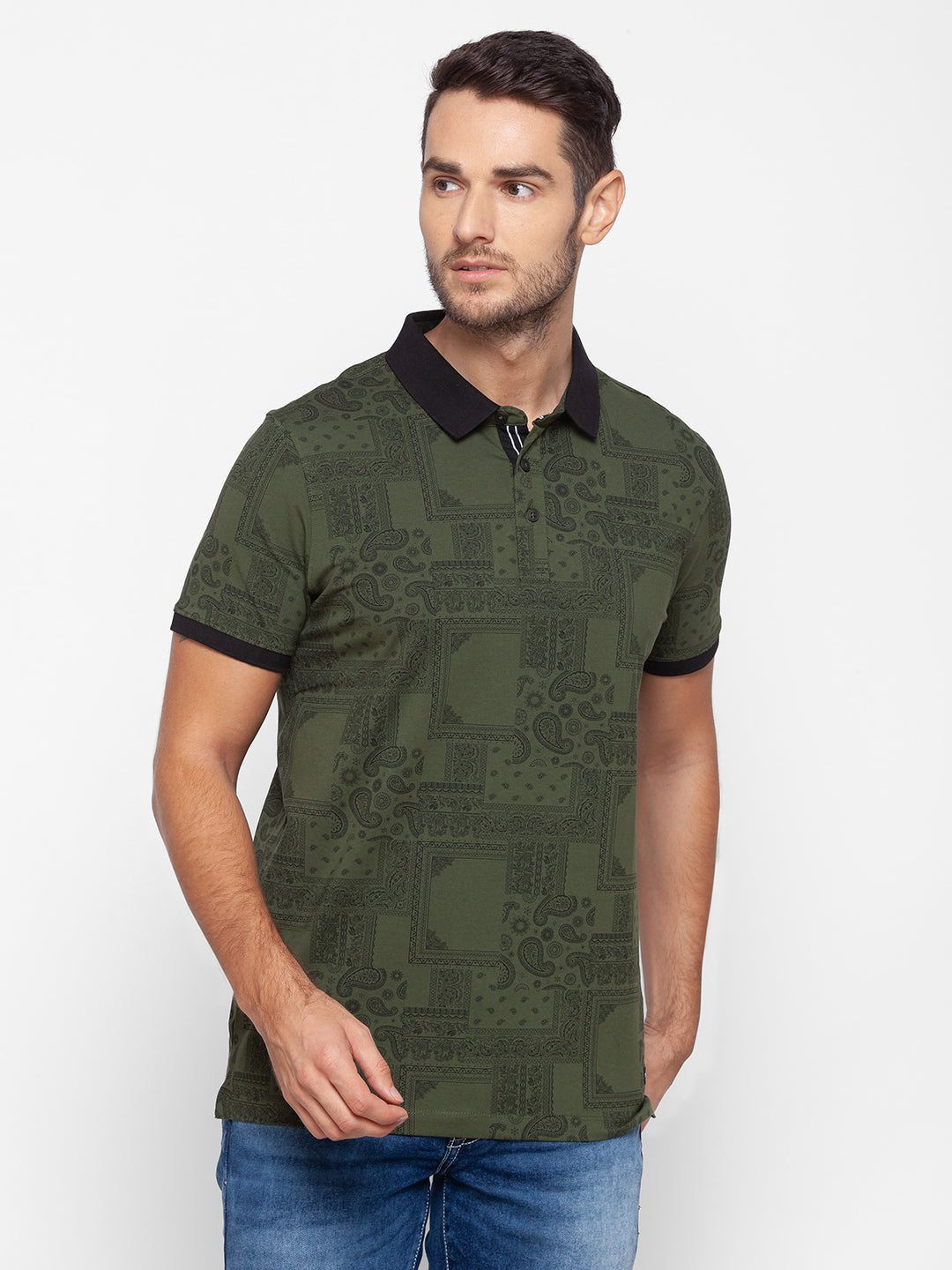 Spykar Men Green Cotton Slim Fit Polo T-Shirt