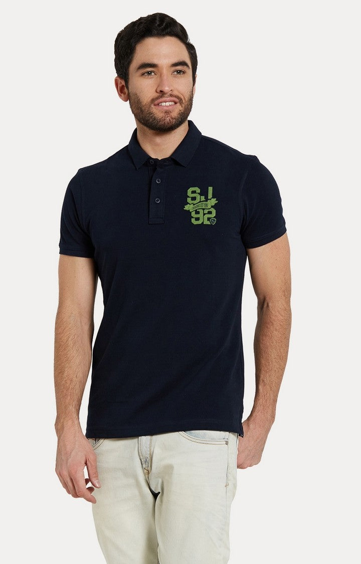 Spykar Blue Solid Slim Fit Polo T-Shirt