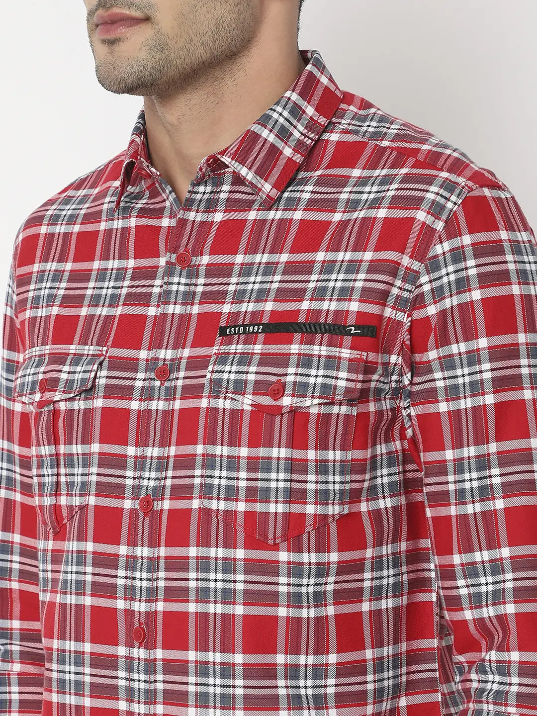 Spykar Men Red Cotton Slim Fit Checkered Shirt