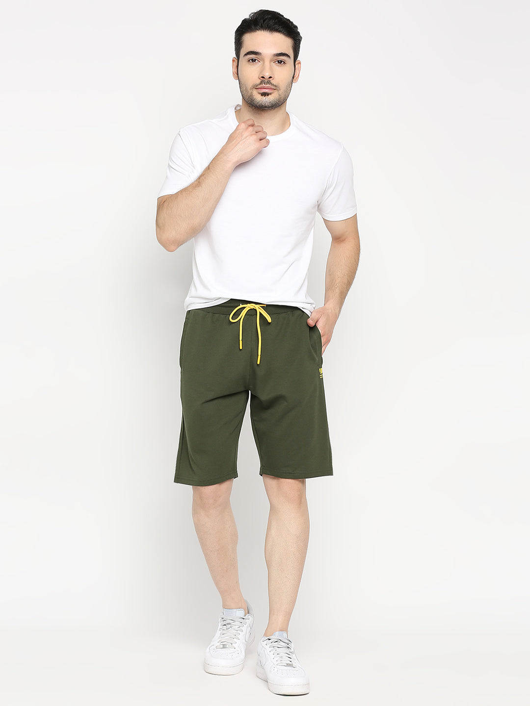 Men Olive Cotton Blend Shorts - Underjeans by Spykar