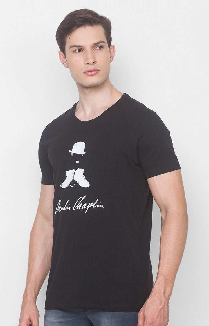 Charlie Chaplin Spykar Men Black Cotton Slim Fit Round Neck Printed T-Shirt