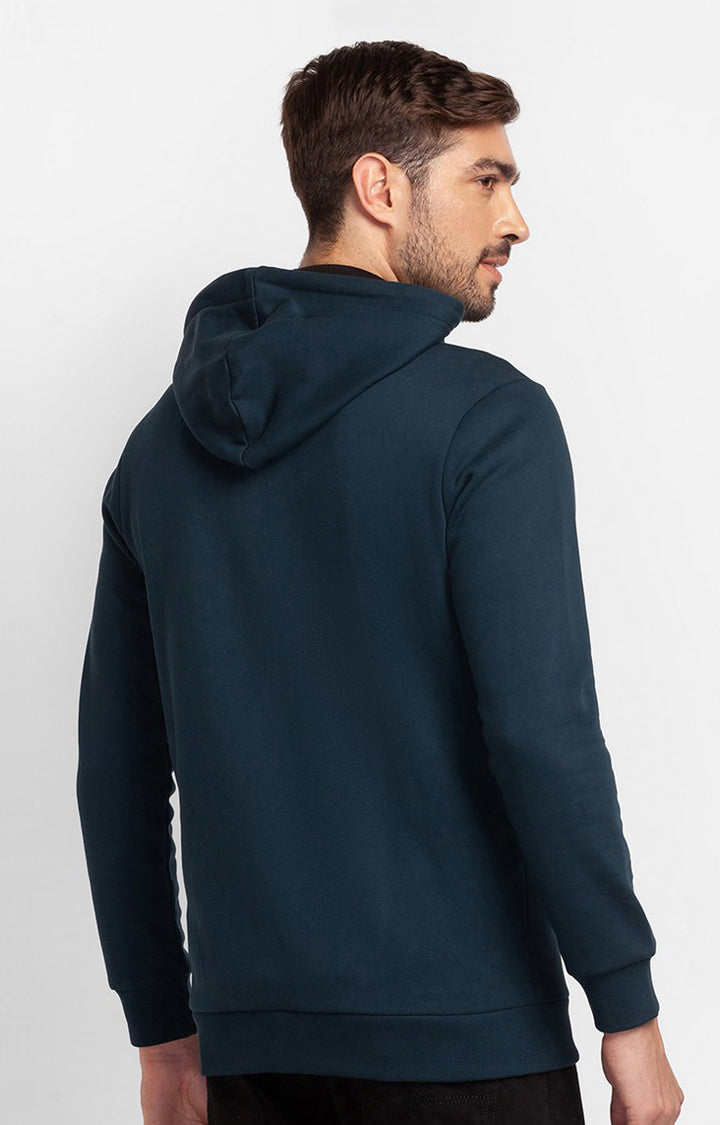 Spykar Teal Blue Cotton Full Sleeve Hooded Sweatshirt For Men