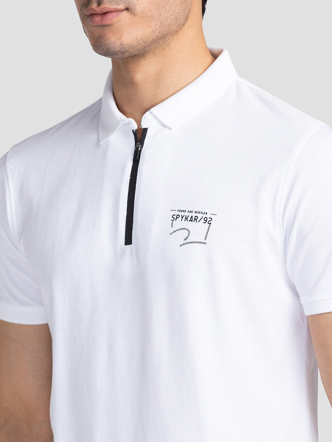 Spykar Men White Cotton Slim Fit Polo Printed T-Shirt