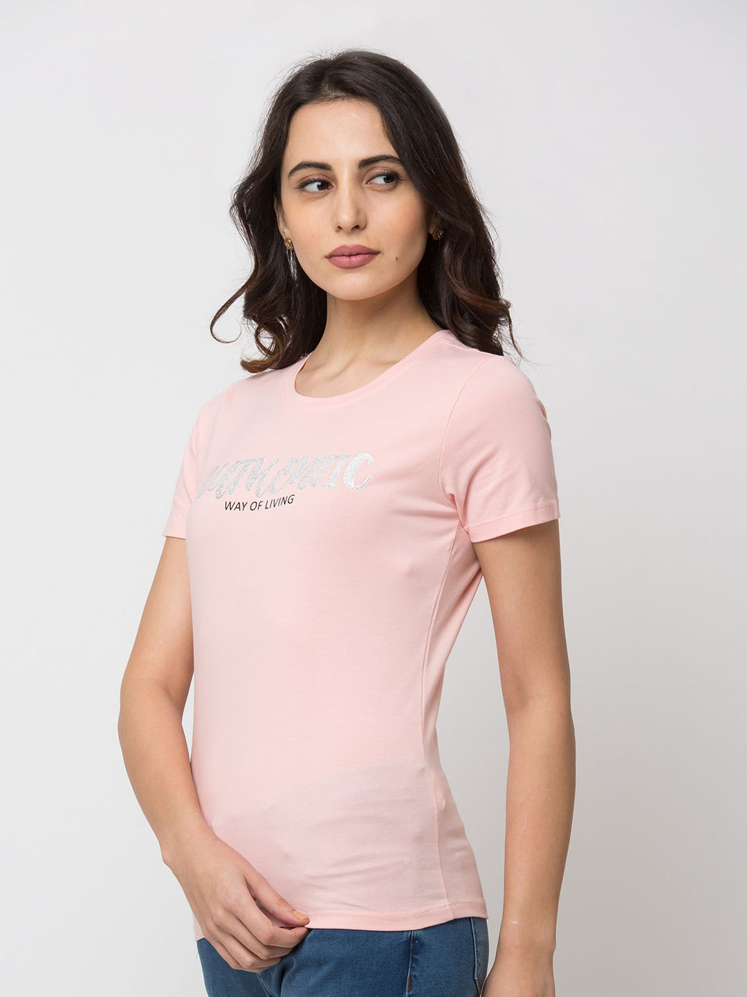 Spykar Women Pink Lycra Regular Round Neck T-Shirt