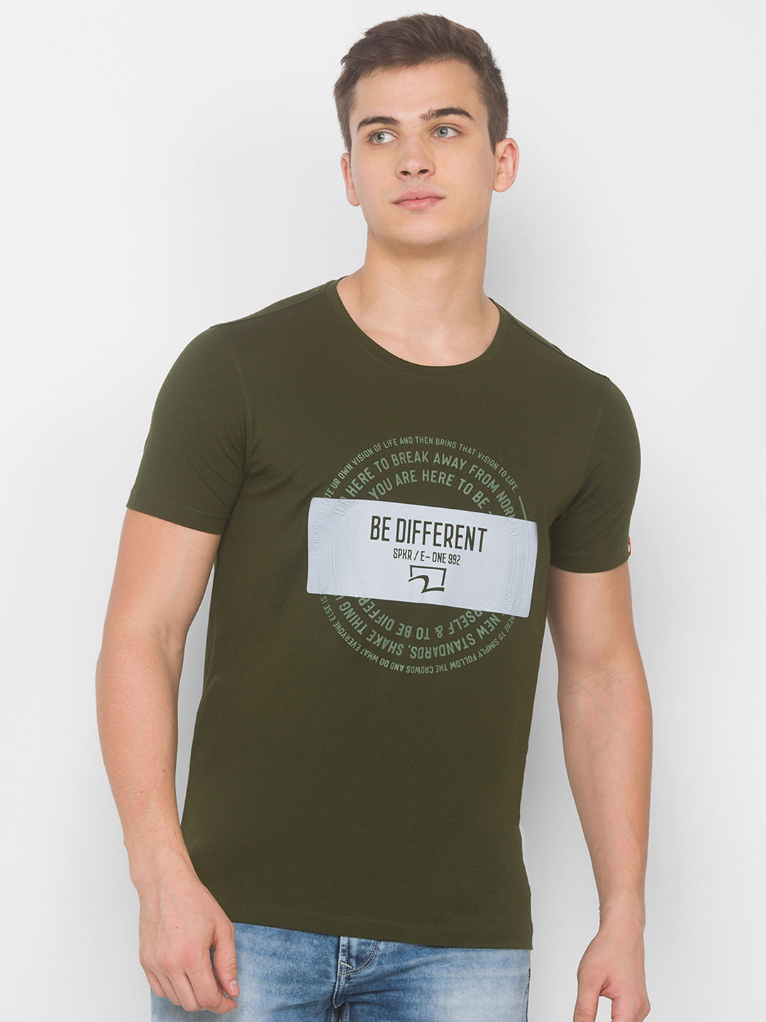 Spykar Men Green Cotton Slim Fit Round Neck T-Shirt