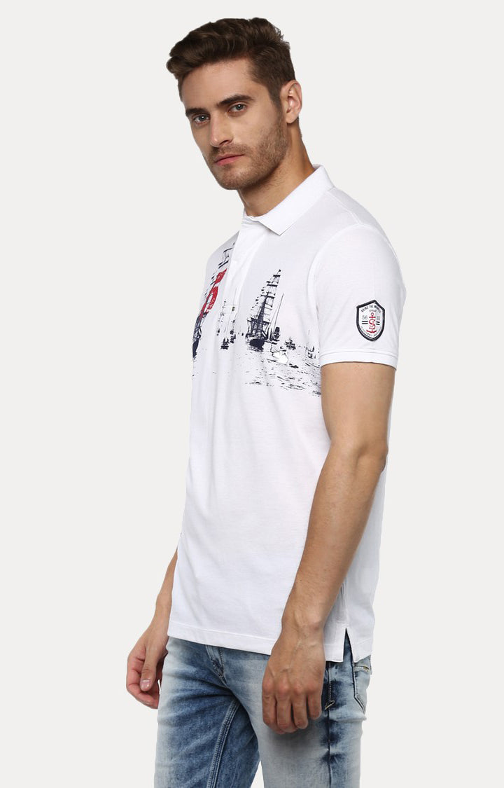 Spykar White Printed Slim Fit Polo T-Shirt