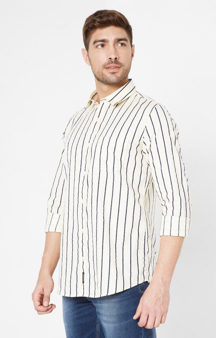 Spykar Beige Cotton Striped Slim Fit Shirts For Men