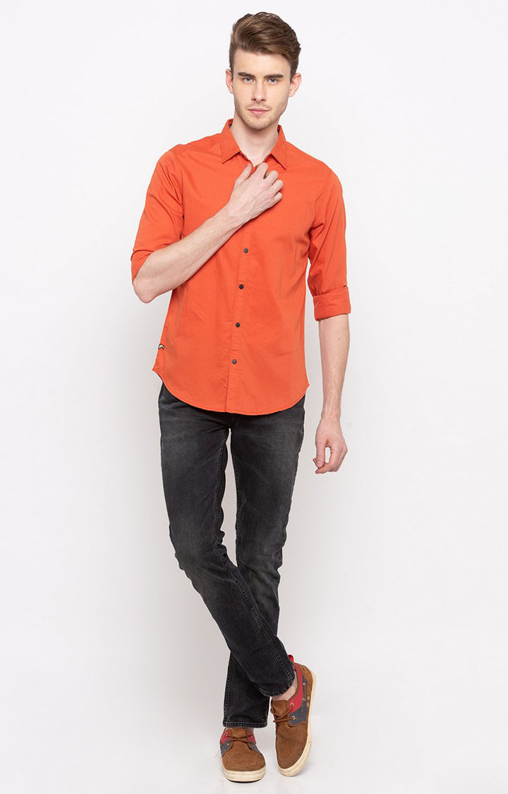 Spykar Men'S Orange Cotton Solid Casual Shirts