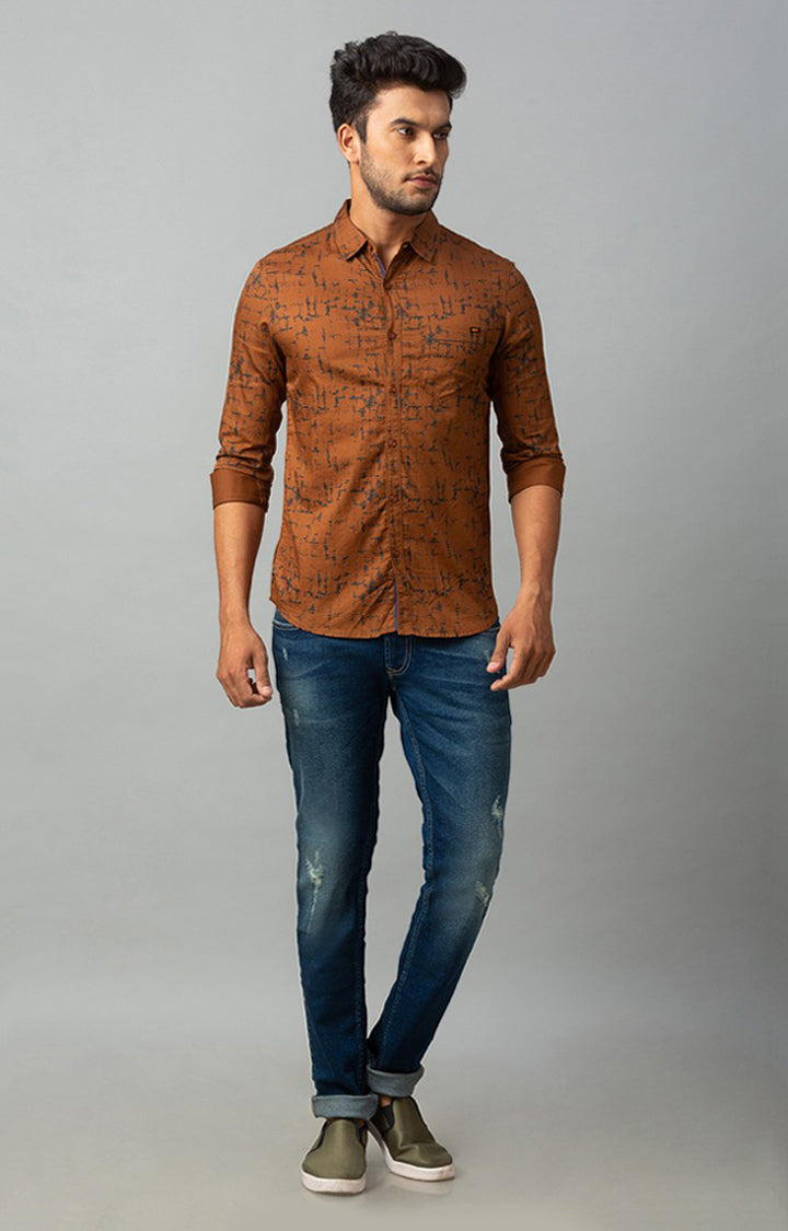 Spykar Men Brown Cotton Printed Casual Shirts